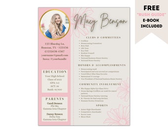 Pink Sorority Resume Template With Flowers - Editable Templatem- Cover Letter