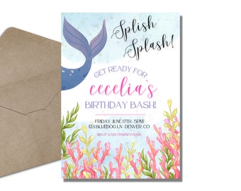 Mermaid Invitation, Mermaid Invites, Mermaid Birthday Invitation Template, Under the sea, Splish Splash, Mermaid Tail - Printable - Editable