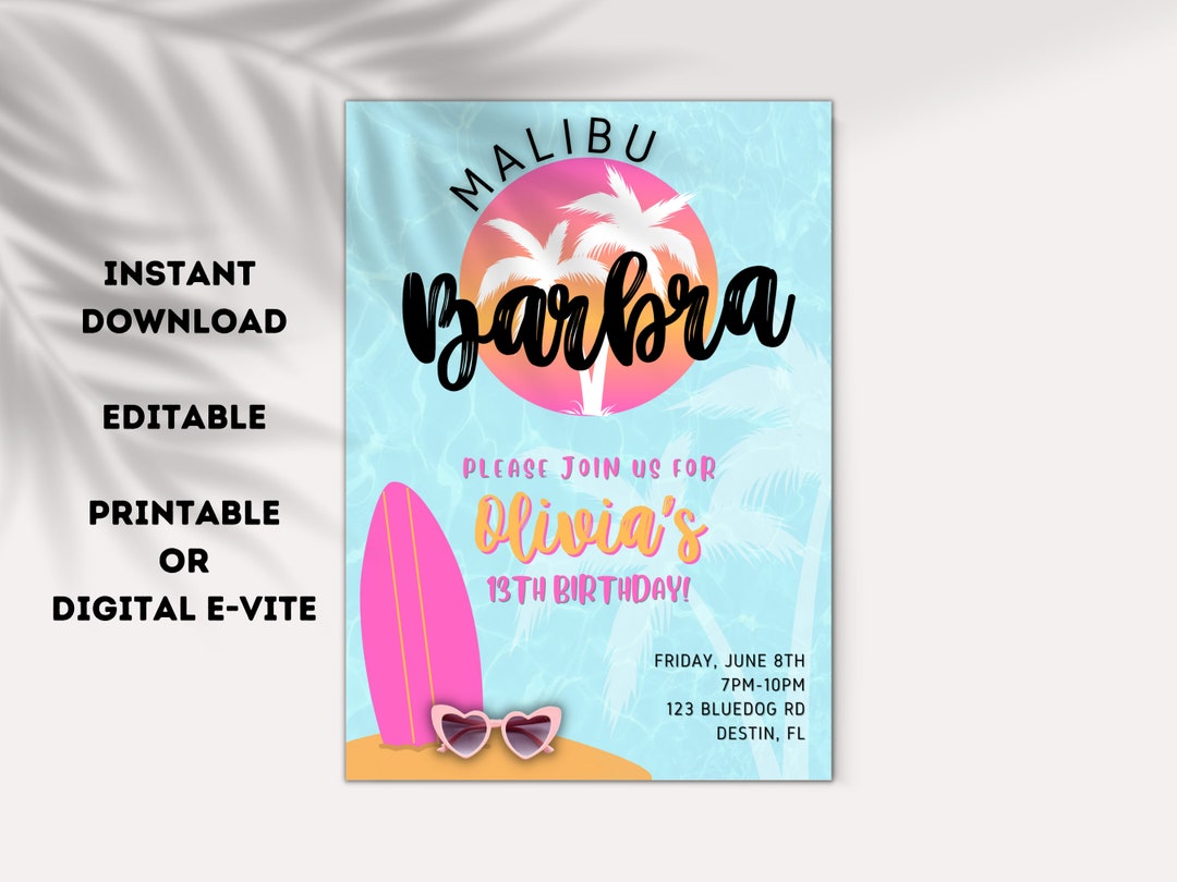 Malibu Pink Birthday Invitation Template: Editable Girls Party (digital ...