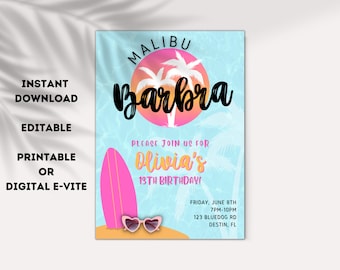Malibu Pink Birthday Invitation Template: Editable Girls Party (Digital Download)