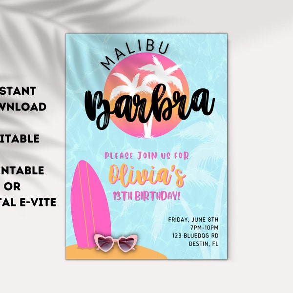 Malibu Pink Doll Birthday Invitation Template Hot Pink Doll Birthday Pink Girls Invitation Template Instant Download EDITABLE Printable