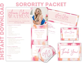 May include: A pink and white sorority recruitment packet with a photo of a woman, a thank you card, and a sticker with the initials "AC". The packet includes information about the sorority, the woman's community involvement, honors, and hobbies.