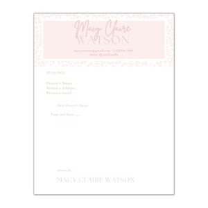 May include: A pink and white letterhead with a pink leopard print pattern. The text "Macy Claire Watson" is written in a cursive font. The text "macywanoon@gmail.com (125)454-7890" and "insta: @youchandie" is also included. The date "02/13/2022" is written at the top of the page.