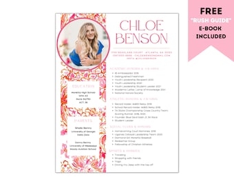 Pode incluir: Um modelo de currículo com padrão floral rosa e laranja com uma foto de uma jovem. O currículo inclui informações sobre Chloe Benson, incluindo sua educação, honras e prêmios acadêmicos, honras e prêmios esportivos, clubes e honras sociais, esportes e hobbies, e informações de contato.