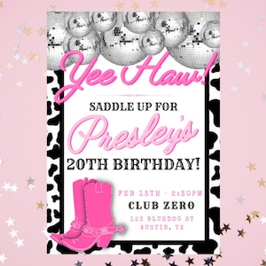 Disco Pink Cowgirl Birthday Invitation Template - Editable - Printable