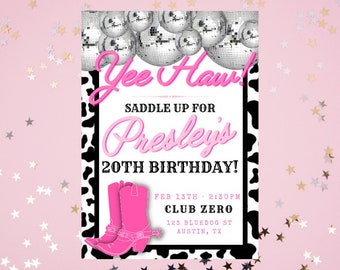 Disco Pink Cowgirl Birthday Invitation Template - Editable - Printable