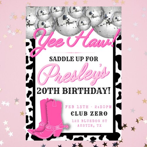 Editable Space Cowgirl Birthday Party Invitation Pink Disco - Etsy Denmark