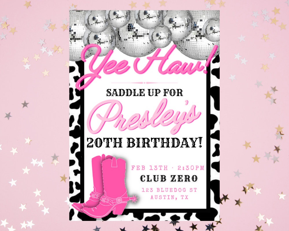 Disco Pink Cowgirl Birthday Invitation Template - Editable - Printable - Etsy disco-pink-cowgirl-birthday-invitation-template-editable-printable-etsy