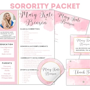 Plantilla de paquete de currículum de hermandad - Acuarela rosa preppy - Editable - Carta de presentación - Etiqueta de dirección - Pegatinas - Tarjeta de agradecimiento