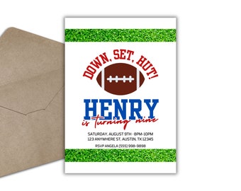 May include: A football-themed birthday invitation for a boy named Henry turning nine. The invitation features a football with the words "Down, Set, Hut!" and a green grass background.