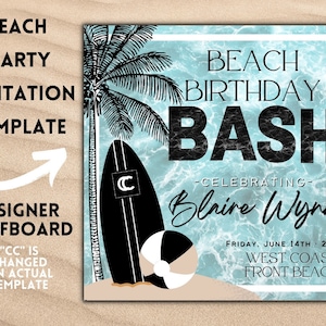 Beach Party Invitation - Designer Surfboard - Birthday Invitation Template - Editable - Printable - Pool Party - Instant Download Beach bash