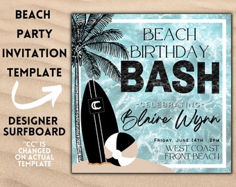 Surfboard Beach Birthday Invitation Template (Digital Download)