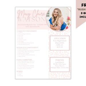 May include: A pink and white graduation announcement with a photo of a young woman. The announcement includes the woman's name, contact information, community involvement, honors and accomplishments, clubs and committees, hobbies, education, and parents. The background features a pink and white leopard print pattern.