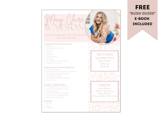 Sorority Resume Template - Digital Editable - Letterhead - Thank you note - pink cheetah