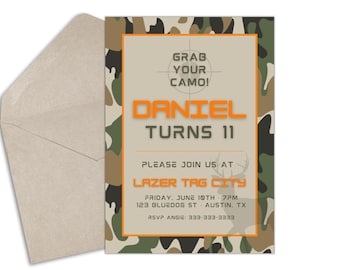May include: Camouflage-patterned birthday invitation for Daniel's 11th birthday party. The invitation features a deer silhouette, a target with the text "Grab Your Camo!" and details about the party at Lazer Tag City on June 10th at 7pm. RSVP to Angie at 333-333-3333.