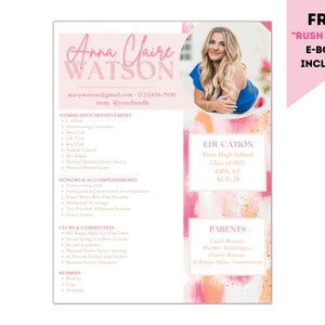 Sorority Resume Template - Pink and Orange Watercolor - Editable - Cover Letter
