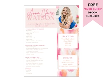 Sorority Resume Template - Pink and Orange Watercolor - Editable - Cover Letter
