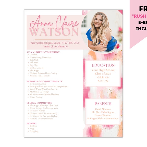 Sorority Resume Template - Pink and Orange Watercolor - Editable - Cover Letter