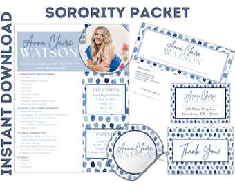 May include: A blue and white sorority packet with a watercolor background. The packet includes a resume, a business card, a thank you card, and a sticker. The resume includes the name Anna Claire Watson, her contact information, and a list of her community involvement, honors and accomplishments, clubs and committees, hobbies, and education. The business card includes her name, contact information, and address. The thank you card includes the text "Thank You!" The sticker includes her name and a watercolor background.