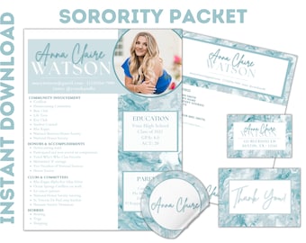 May include: A blue and white marble-patterned sorority recruitment packet with a photo of a woman, a thank you card, and a sticker. The packet includes information about the sorority, the woman's community involvement, honors and accomplishments, clubs and committees, hobbies, and education. The text on the packet includes the woman's name, contact information, and the sorority's name.