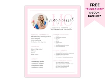 Pink Sorority Resume Template - Editable - Cover Letter - Packet - Job Resume Template - Rush Resume Template- Instant Download