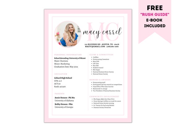 Pink Sorority Resume Template: Editable Cover Letter (Instant Download)