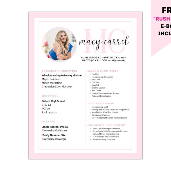 Pink Sorority Resume Template - Editable - Cover Letter - Packet - Job Resume Template - Rush Resume Template- Instant Download