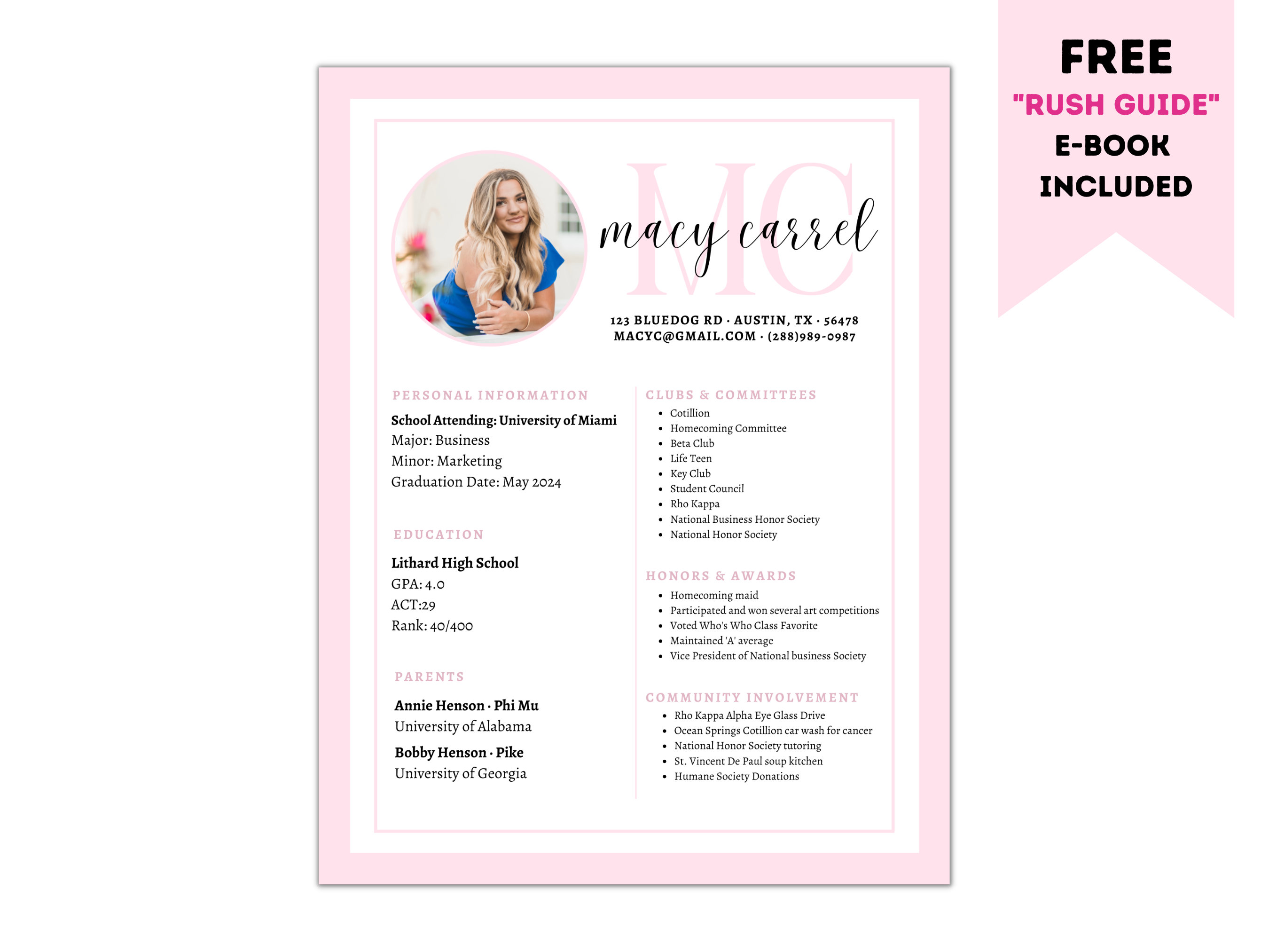 Pink Sorority Resume Template - Editable - Cover Letter - Packet - Job Resume Template - Rush Resume Template- Instant Download