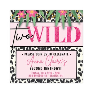 Two Wild Birthday Party Invitation Template - 2 Year Old Girl Birthday Inviatation - Jungle - Safari Birthday Invitation - Instant Download