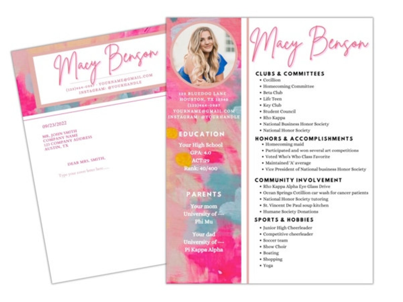 Sorority Resume Template and Cover Letter Etsy