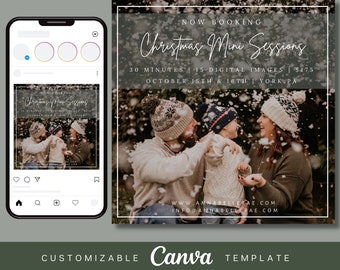 May include: A Canva template for a Christmas mini photo session announcement. The template features a family of three in winter clothing, with a snowy background. The text reads "NOW BOOKING Christmas Mini Sessions 30 MINUTES | 15 DIGITAL IMAGES | $175 OCTOBER 15TH & 16TH | YORK, PA WWW.ANNABELLERAE.COM INFO@ANNABELLERAE.COM CUSTOMIZABLE Canva TEMPLATE".