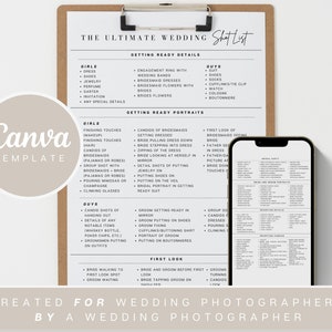 Wedding Photographer Ultimate Shot List Canva Timeline Template, Photographer Check List, Photographer Cheat Sheet, Photographer