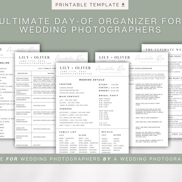 Cronología del fotógrafo de bodas, plantilla del organizador del día de la boda, planificador del fotógrafo, hoja de trucos del fotógrafo, plantilla de Canva del fotógrafo