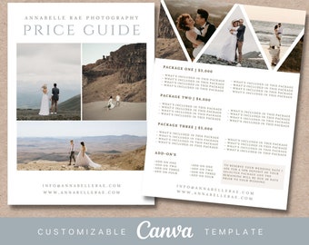 Wedding Photographer CANVA Pricing List Guide Template Pricing Sheet Photographer Price Guide Editable Canva Template