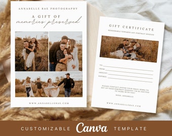 Photographer Gift Certificate CANVA Template, Photography Gift Card, Gift card for Photographer, Photography Voucher