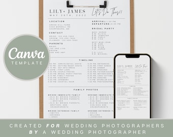 Wedding Photographer Timeline Wedding Day Sheet Template, Photographer Emails, Photographer Cheat Sheet, Photographer Canva Template