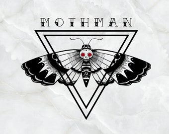 May include: Black and white illustration of a moth with red eyes inside a triangle with the word "MOTHMAN" above it.