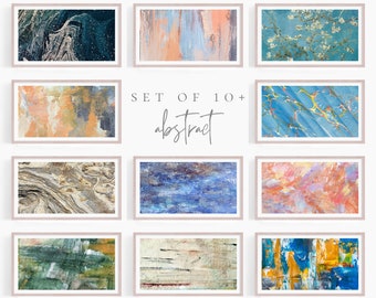 May include: Set of 10+ abstract art prints in various colors and textures, including blue, green, yellow, orange, and pink. The prints are framed in white and have a modern, minimalist aesthetic.