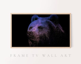 May include: A close-up of a bear's head with a galaxy-like pattern in shades of purple and blue against a black background.