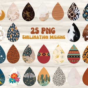 May include: 25 PNG Sublimation Designs featuring various patterns and designs in a teardrop shape. The designs include floral, geometric, animal print, and abstract patterns.