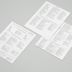 May include: Three black and white checklists for wedding planning. The checklists are titled "The Ultimate Wedding Checklist", "Family & Wedding Party Details", and "Reception Details".