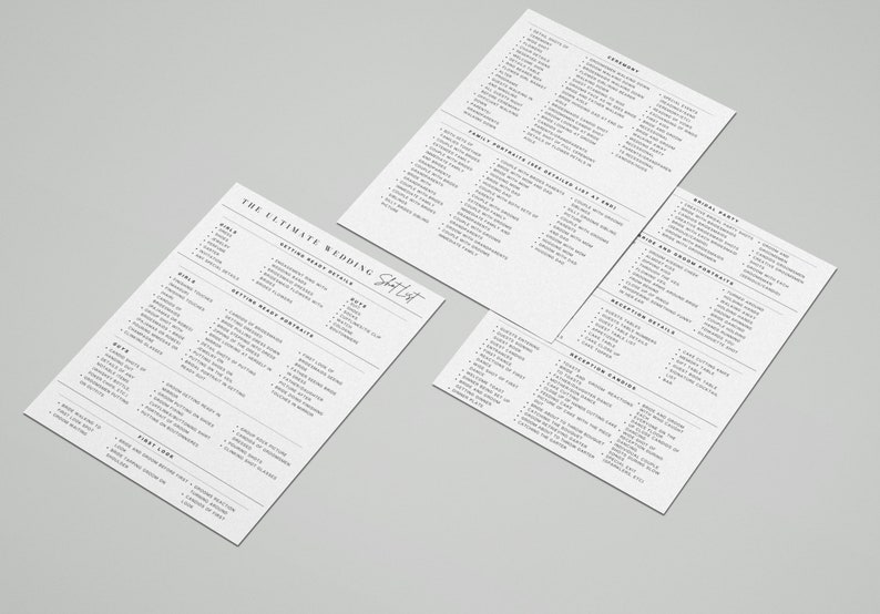 May include: Three black and white checklists for wedding planning. The checklists are titled "The Ultimate Wedding Checklist", "Family & Wedding Party Details", and "Reception Details".