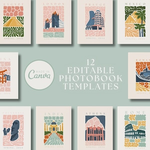 12 Customizable Travel Print Photo Book Templates | Canva Photobook Template | Editable Photo Journal | Memory Book | Travel Coffee Book