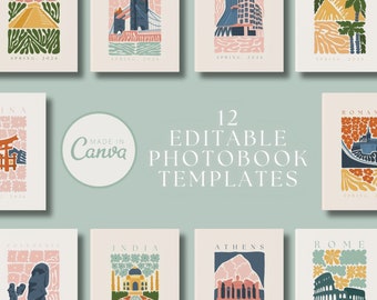 12 modelos de álbum de fotos com impressão de viagem personalizáveis | Modelo de álbum de fotos do Canva | Diário de fotos editável | Livro de Memória | Livro de café de viagem