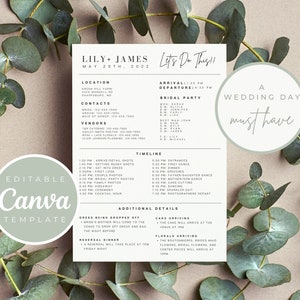 Minimalist Wedding Day Timeline | Wedding Day Information Template | Editable Wedding Planner Timeline Program | Digital Wedding Timeline