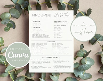Modello di cronologia del giorno del matrimonio modificabile / Planner Canva (download digitale)