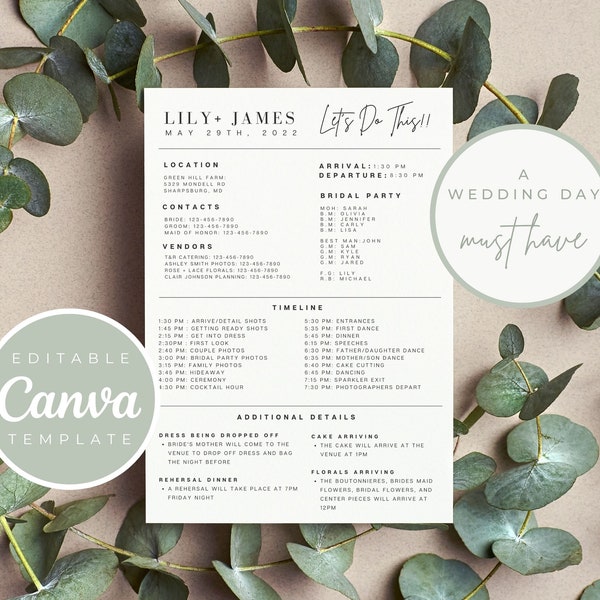 Editable Minimalist Wedding Day Timeline, Canva Customizable Template, Planner for Bridal Party & Vendors, DIY Printable Organizer