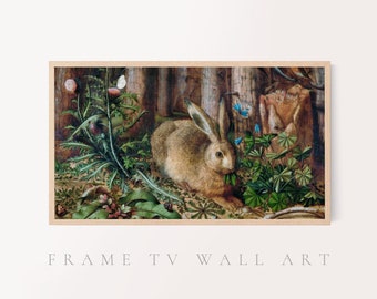 May include: A painting of a brown rabbit in a forest setting. The rabbit is sitting on the ground and looking to the right. There are green plants and flowers in the background.