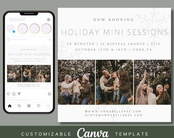 May include: A white and gray graphic with the text "NOW BOOKING HOLIDAY MINI SESSIONS" and "30 MINUTES | 15 DIGITAL IMAGES | $175 OCTOBER 15TH & 16TH | YORK, PA". The graphic also includes a website address and email address. The graphic is surrounded by a white border.