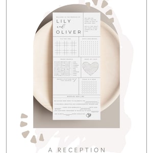 May include: A printable wedding activity menu with games like tic-tac-toe, dots and boxes, a word search, a maze, and a mad libs game. The menu is decorated with a brown and white abstract design and the text "Wedding Activity Menu" and "A Reception Must Have".